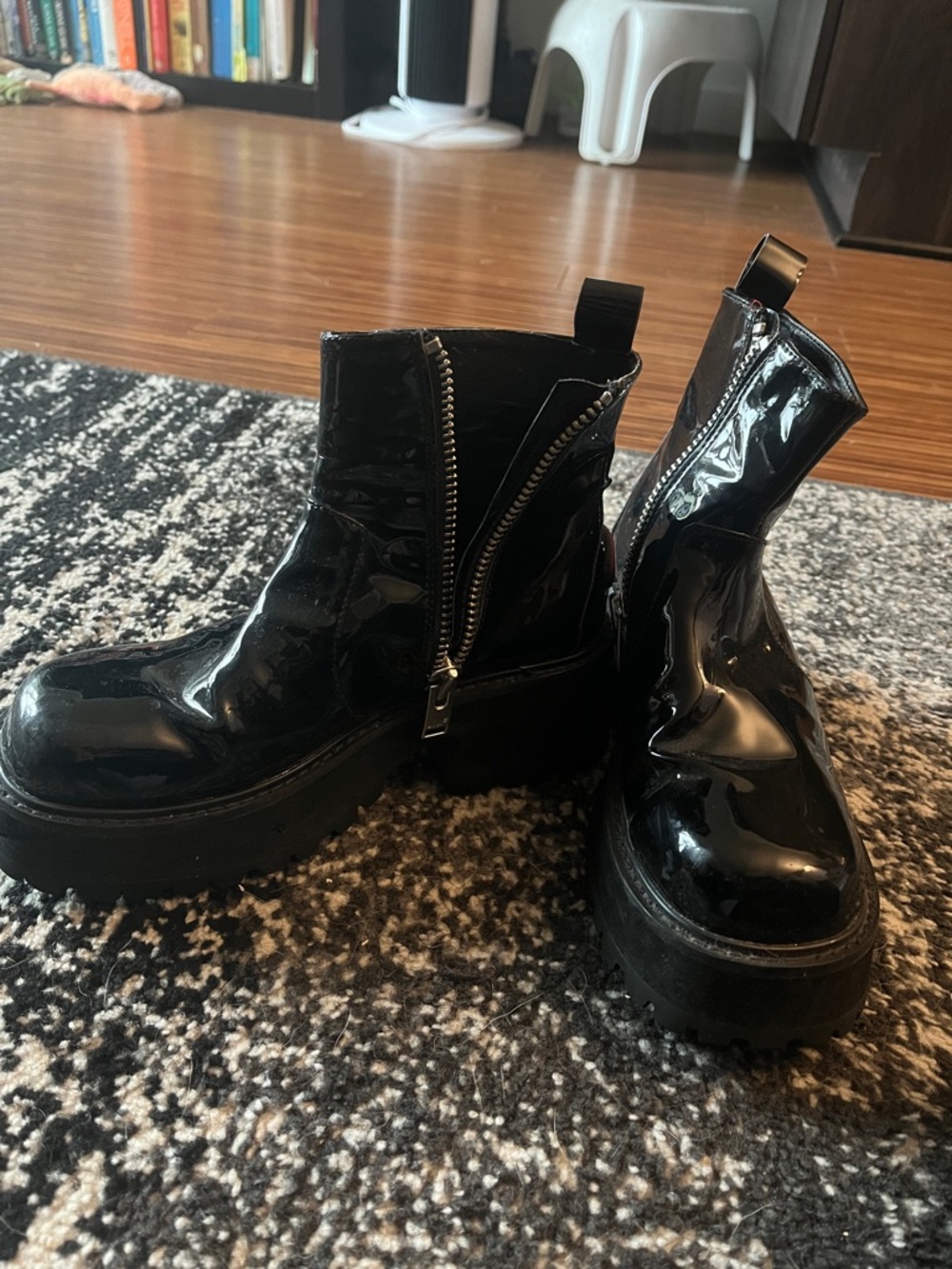 UNIF Black Patent Chunky Platform Ankle Boots with Side Zips - Picture 3 of 14